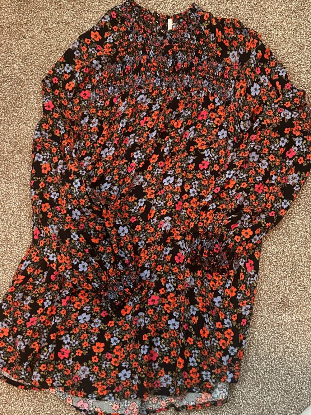 Free People Floral Smocked Blouse High Neck Long Sleeve Size S
